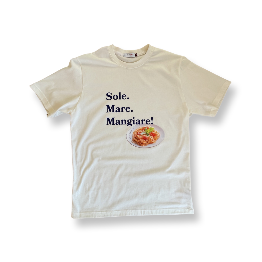 Kremowy t-shirt unisex Sole Mare Mangiare Spaghetti. Włoski makaron i felicita = la dolce vita. Rzymskie wakacje, dolce far niente e volia!